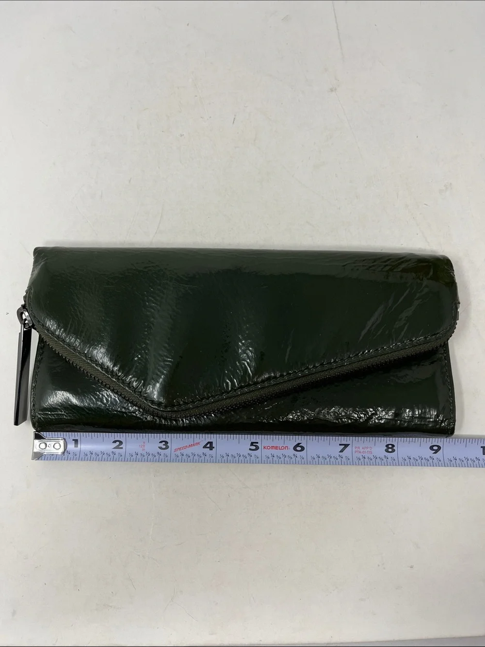 HOBO INTERNATIONAL CLUTCH WALLET ASYMMETRICAL ZIPPER PATENT LEATHER FOREST GREEN